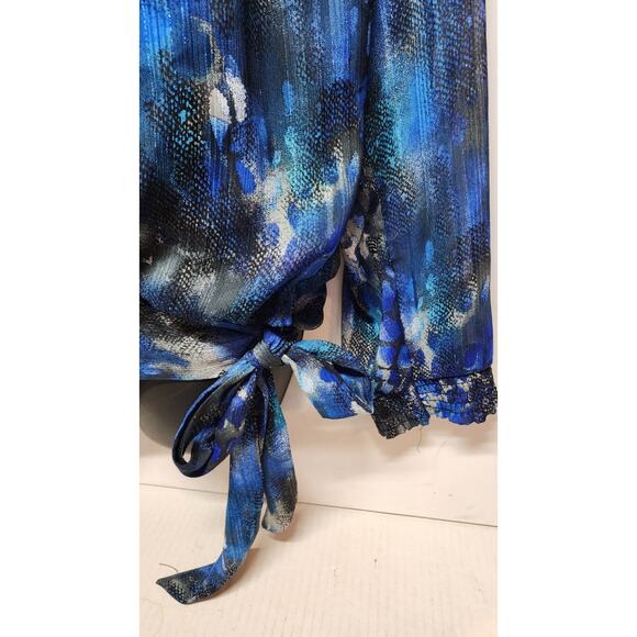 Women's Roz and Ali 18-20 Long Sleeve Tie Waist Scoop Neck Ruffled Flowing Blue - Picture 13 of 16